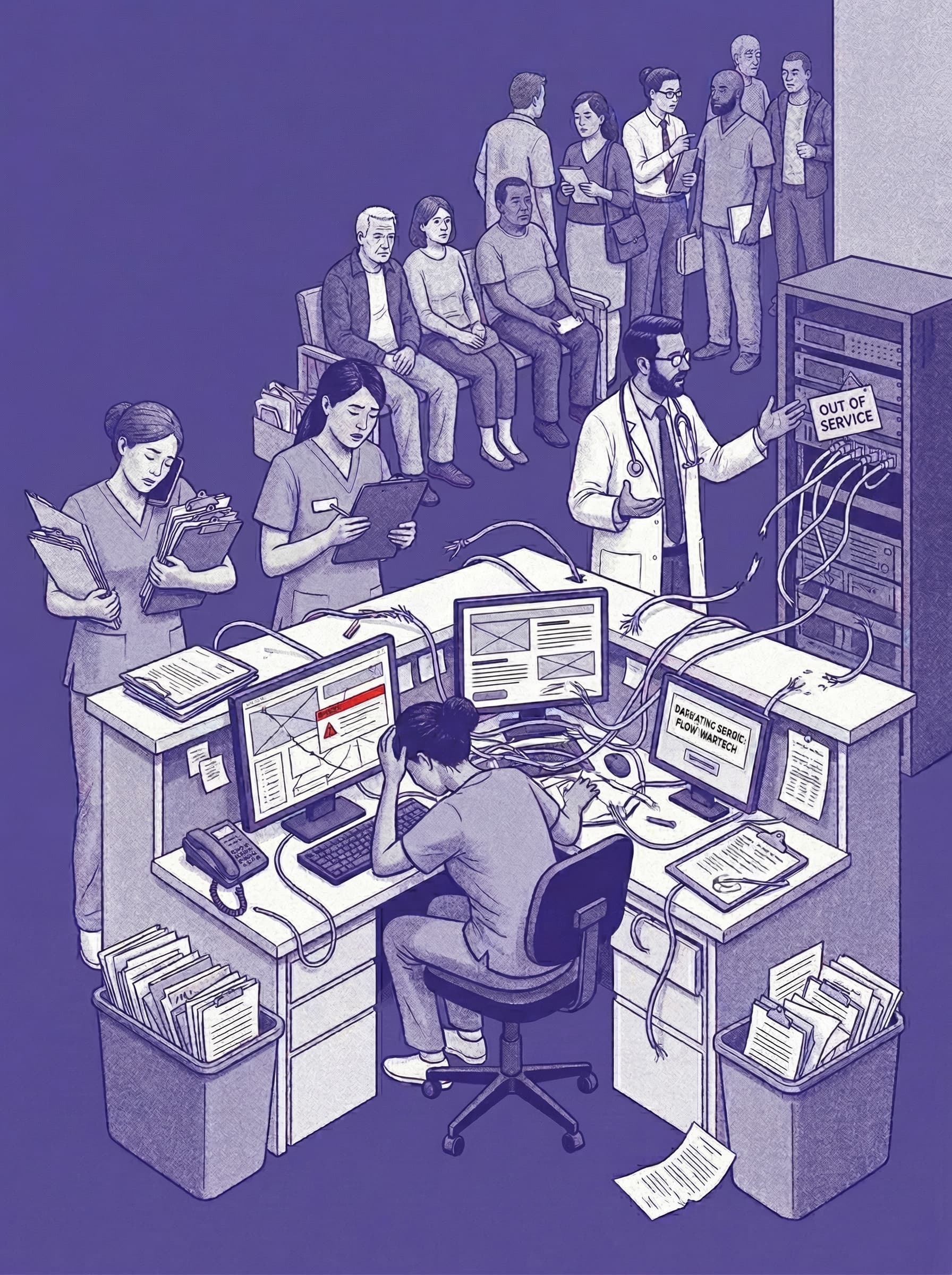 Ilustração de diagnóstico assistido por IA num tablet — conceito Clinix AI, fundo roxo com visualização de dados médicos