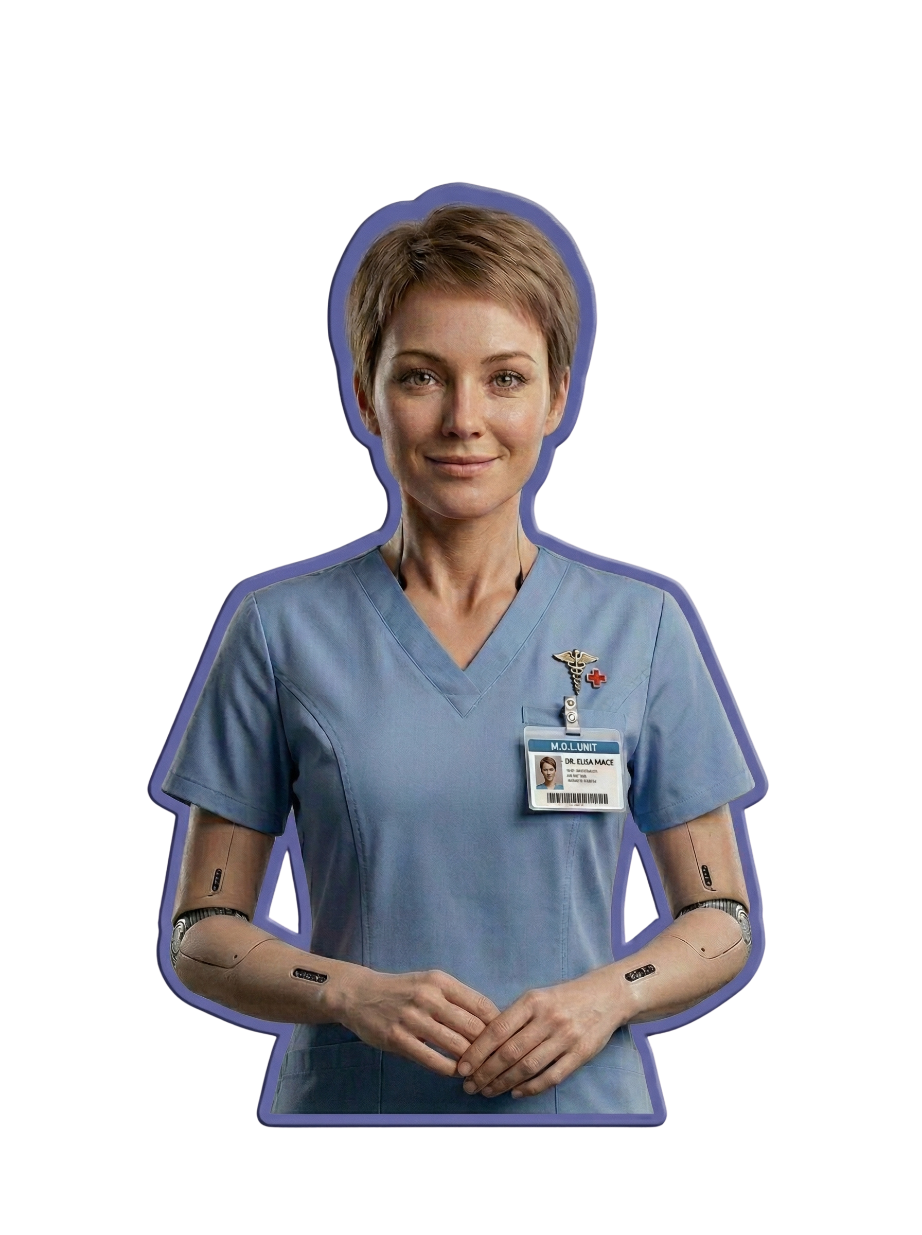 Ilustração de assistente clínico de IA — figura profissional com bata e identificação M.D.I., estilo autocolante